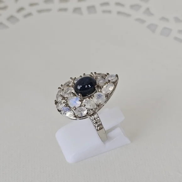 Natural Blue Star Sapphire & Moonstone Ring Platinum Sterling Silver Sz 8! - Picture 5 of 7